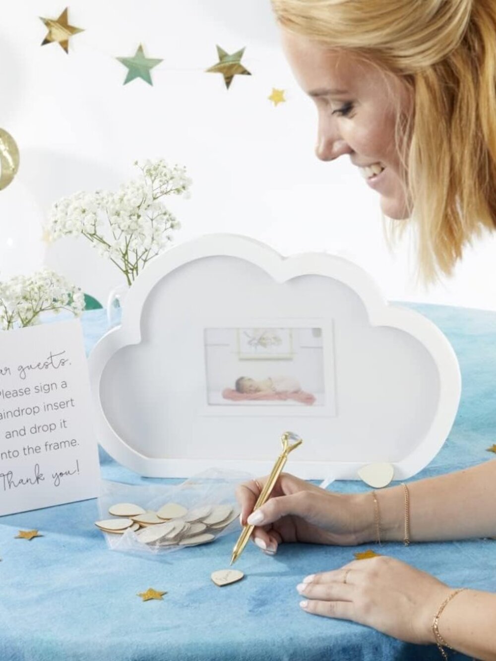 Baby Shower Guest Book Cloud Frame with Wooden Rain Drops Guestbook Alternative,